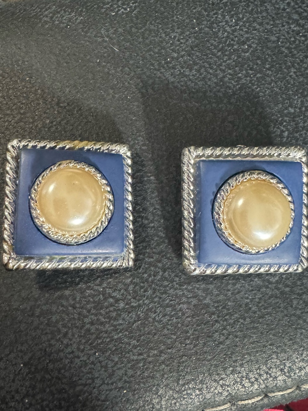 Vintage Square Navy & Cream Button Earrings